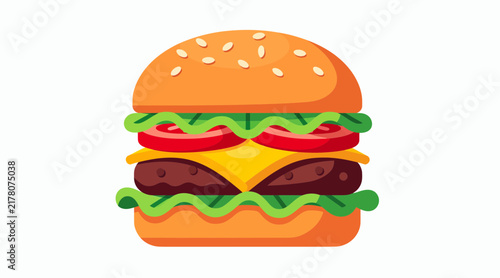 Juicy gourmet burger illustration with sesame seed bun, lettuce, tomato, cheese and beef patties on white background.