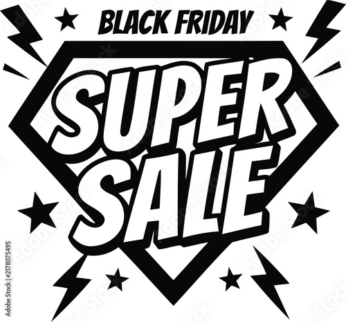 Black friday super sale typography design with comic book style lightning bolts and stars for retail marketing promotions