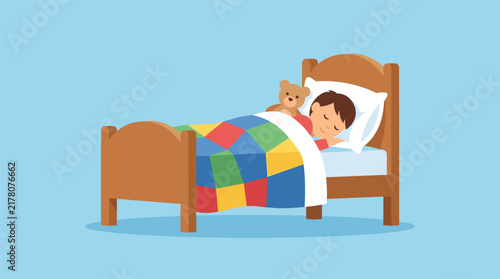 Child sleeping peacefully in bed with teddy bear, cozy bedroom scene, flat design illustration