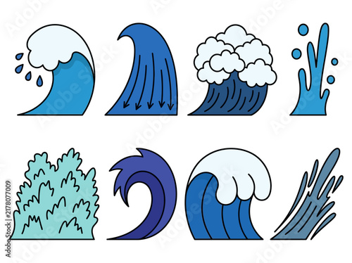 Flat Blue Sea Wave Icon Set - Ocean Surf and Water Splash Vector Illustrations