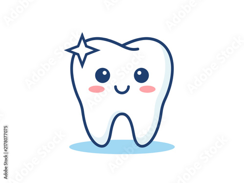 Cute Cartoon Tooth Character with Happy Face and Sparkle for Pediatric Dental Hygiene