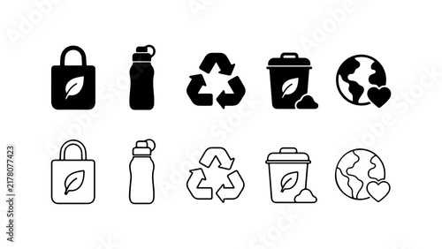 Eco Friendly Living Icon Set in Silhouette and Line Art Vector Style