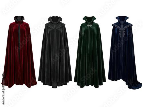 Four long flowing capes in different colors