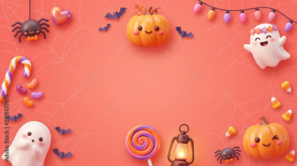Fototapeta premium Cute halloween border with ghosts pumpkins spiders and candy on a bright orange background