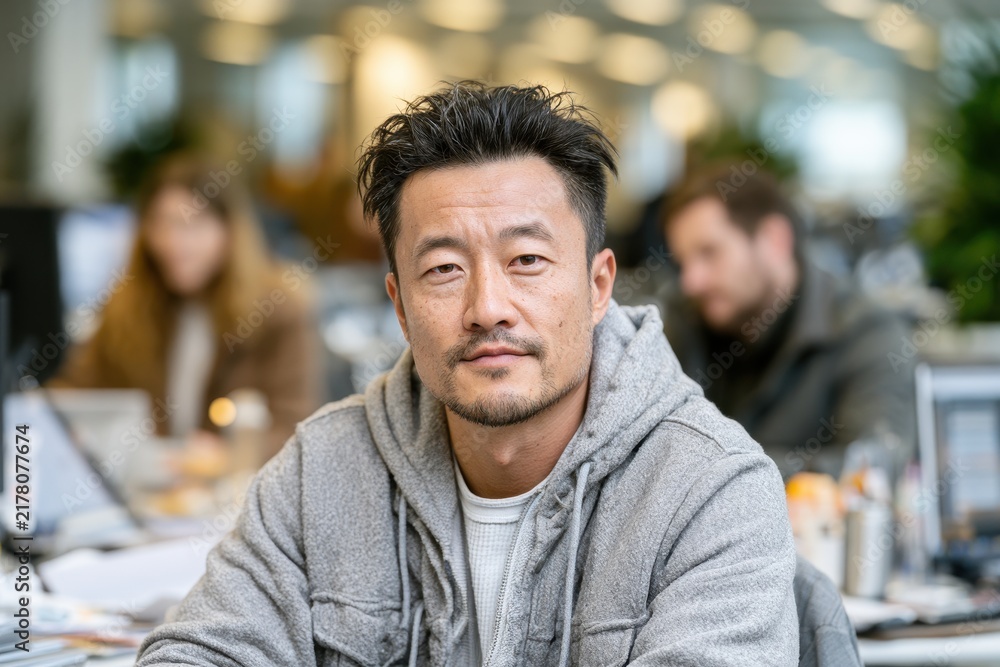 Fototapeta premium A focused East Asian male employee wearing a casual hoodie in a professional office environment.