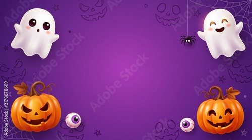 Cute cartoon ghosts and jack o lantern pumpkins on a dark purple background for a fun halloween party invitation or greeting card template with empty space for text