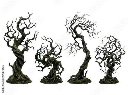 Four stylized black tree icons in a row