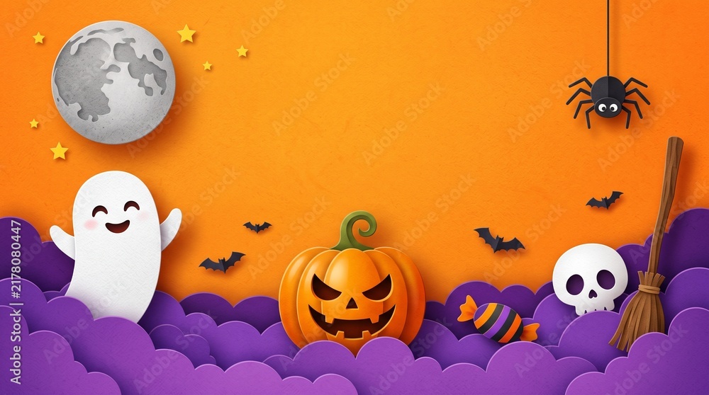 Fototapeta premium Happy halloween background with cute ghost, scary pumpkin, skull, spider and bats on an orange night sky with a full moon