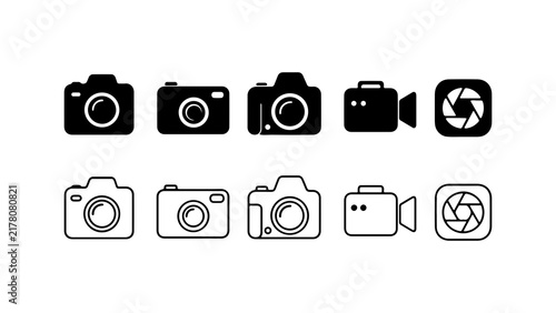 Camera and Video Icon Set in Silhouette and Outline Style