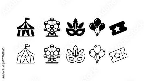 Carnival and Amusement Park Icon Set in Silhouette and Outline Style