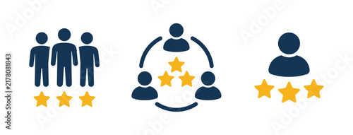 Customer Satisfaction Icons: Three graphic icons representing different customer feedback scenarios, featuring stylized human figures and star ratings to illustrate satisfaction levels.