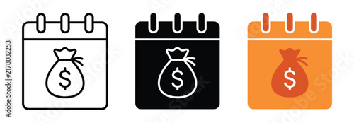 Calendar with Money Bag Icon: A set of three calendar icons, each featuring a money bag with a dollar sign, symbolizing financial planning, savings, or payment deadlines.