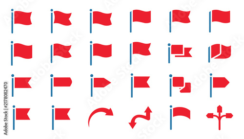 Set of red flag icons on blue poles for marking locations and indicating important points on maps or charts.