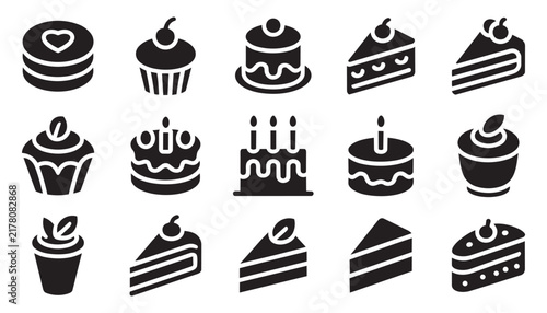 Set of black cake and dessert icons featuring various sweets with different toppings perfect for bakeries and menus.