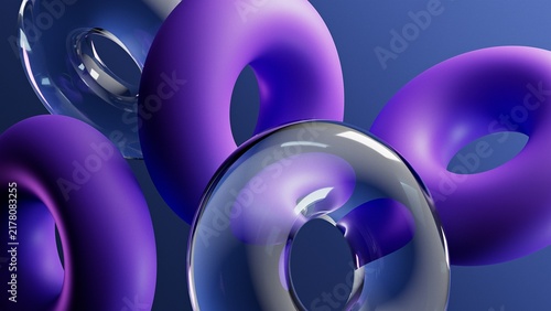 Modern Geometric Matte Purple and Transparent Glass Donut Shapes Background.