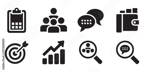 Set of black business and communication icons representing various aspects of teamwork, analytics, and messaging.