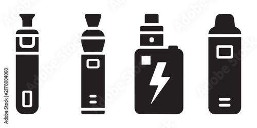 Set of black vape device icons representing different electronic cigarettes and e-liquid vaporizers for smoking alternatives.