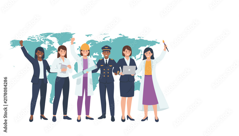Fototapeta premium Diverse professional women representing different career fields standing together in front of a world map.