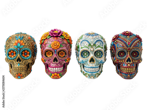 Colorful skull masks with vibrant patterns