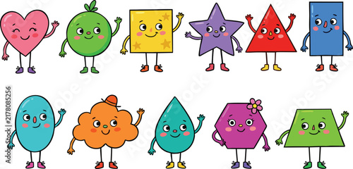 Set of cute  hand drawn colorful cartoon geometric shapes with faces and arms for kids educational learning materials