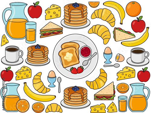 Breakfast Food and Beverage Illustration Set with Pancakes, Coffee, and Fruit
