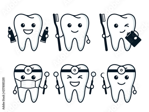 Cute Tooth Mascot Character Set for Pediatric Dentistry and Oral Hygiene Education