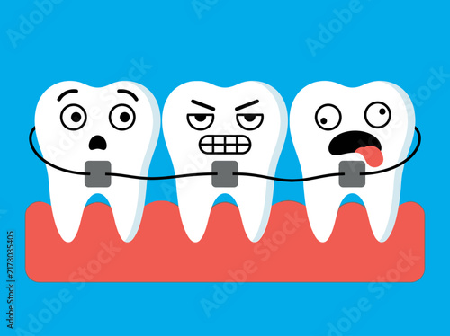 Funny Cartoon Teeth with Braces and Dental Brackets Illustration