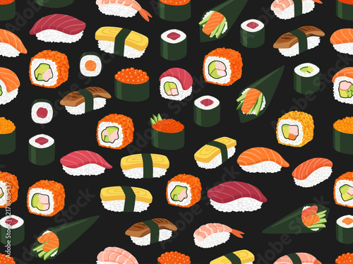 Seamless Sushi Pattern with Nigiri, Maki, and Temaki on Black Background