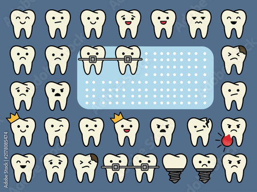 Cute Cartoon Tooth Character Set with Emotions and Dental Treatments