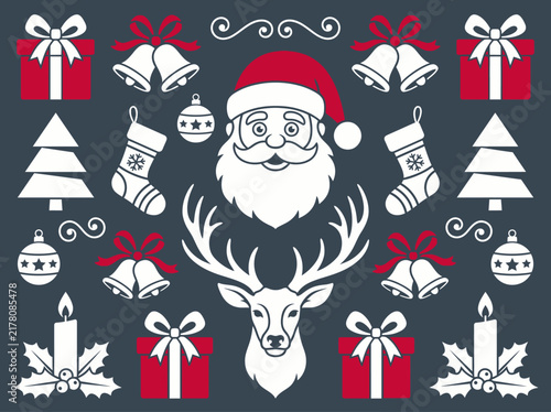 Christmas Vector Graphic Elements Set with Santa Claus, Reindeer, and Holiday Icons