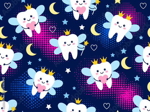 Kawaii Tooth Fairy Seamless Pattern with Cartoon Teeth and Night Elements