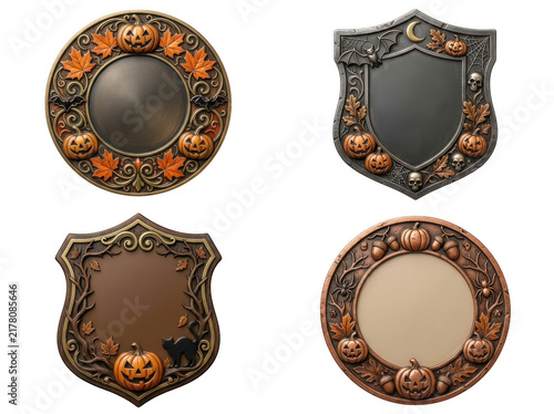 Four vintage leather badges with brass details