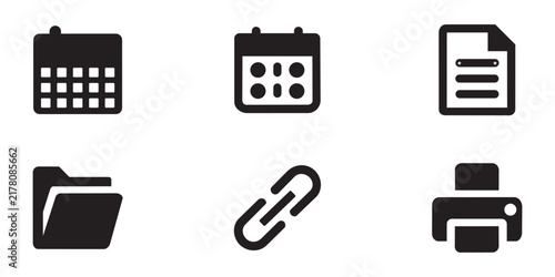 Set of black office and file management icons for organizing tasks, documents, and digital data efficiently.