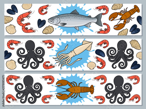 Seafood Horizontal Banner Set with Fish, Octopus, Lobster, and Shrimp Illustrations