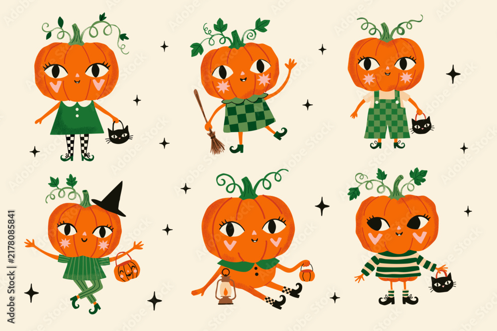 Naklejka premium Cute Pumpkin Halloween Characters Collection