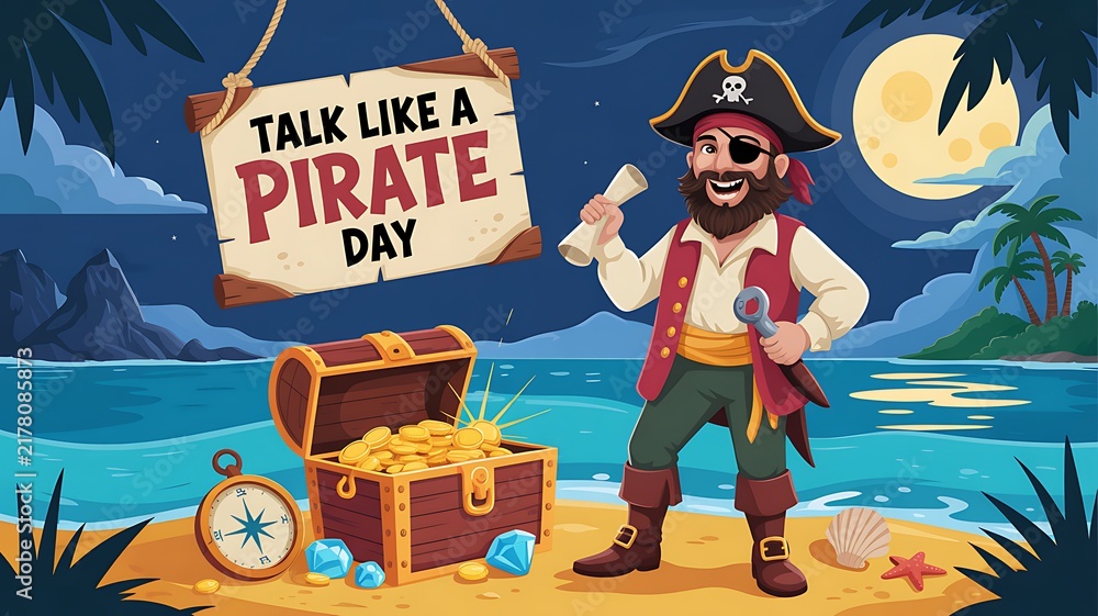 Obraz premium Happy pirate standing on a beach for talk like a pirate day