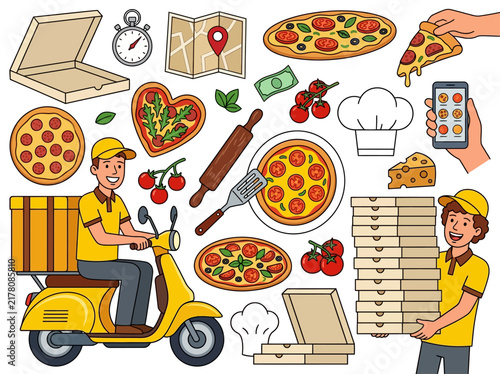 Pizza Delivery and Restaurant Icon Set with Courier Scooter, Boxes, and Variety of Pizzas