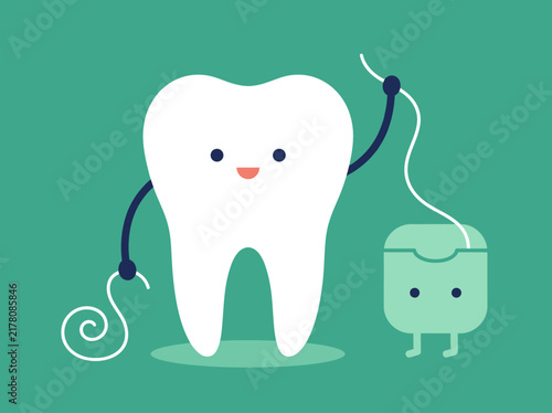 Cute Cartoon Tooth and Dental Floss Character Illustration for Oral Hygiene