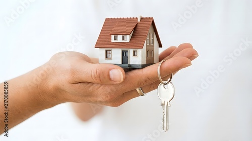 Close up of hands holding a miniature house model and silver keys against a bright white background