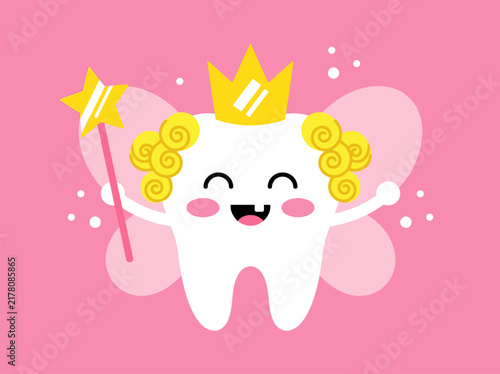 Cute cartoon tooth fairy with crown, wand, and wings on pink background.