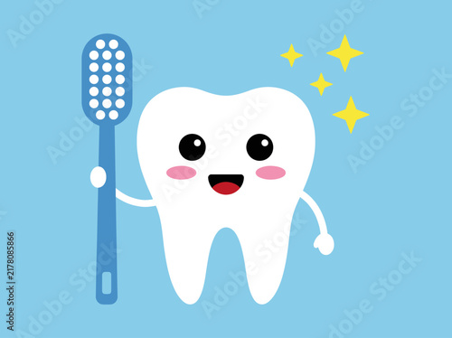 Cute Cartoon Tooth Mascot Holding a Toothbrush with Sparkles