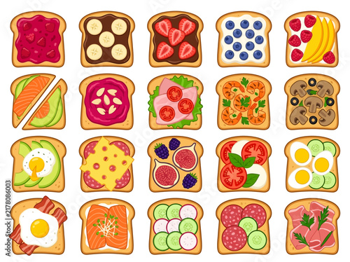 Vector collection of diverse toast variations with sweet and savory toppings