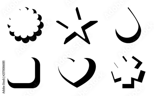 Black and white geometric shapes set with drop shadow, modern Y2K minimalist badge elements isolated on transparent background for graphic design
