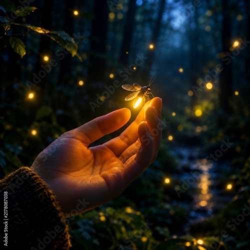 Glowing Firefly Resting on Human Hand in Enchanted Night Forest