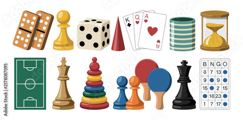 Board Game Icons, Chess Dominoes Dice Cards Bingo Ludo, Colorful Tabletop Entertainment, Classic Recreation Vector Illustration