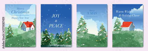 Christmas and Happy New Year season with winter house, pine tree and snowfall Card set. Template design for invitation, cards, social post, cover, sale banner, ads.