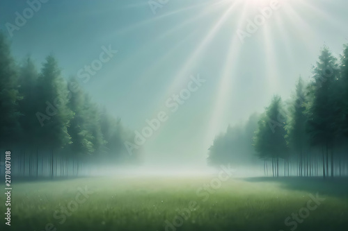 A colab inspired background image of calm foggy forest.