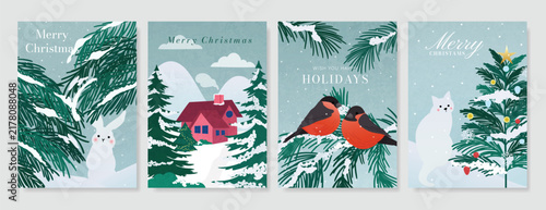 Christmas and Happy New Year season with winter house, pine tree and snowfall Card set. Template design for invitation, cards, social post, cover, sale banner, ads.