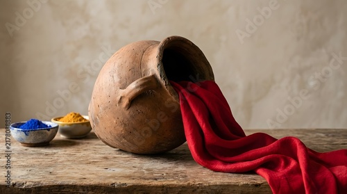 Red fabric spilling from a rustic clay pot on a wooden table with spice bowls