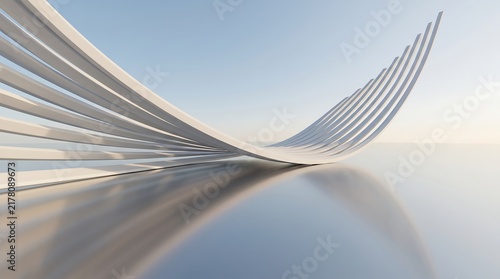 Futuristic white sweeping architectural ribs creating an aerodynamic curved tunnel shape over reflective ground with abstract